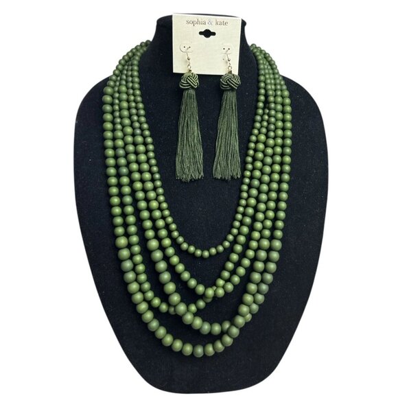 Sophia & Kate Olive Green Tassel Earrings & Unbranded Beaded Necklace Set - Picture 2 of 5